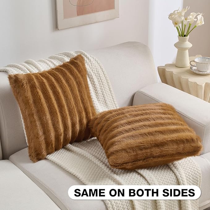 FUTEI Camel Decorative Throw Pillow Covers 26x26 Inch Set of 2,Soft Fluffy Faux Rabbit Fur Dyeing Striped Textured Euro Pillow Shams,Modern Home Decor for Couch Bed Living Room