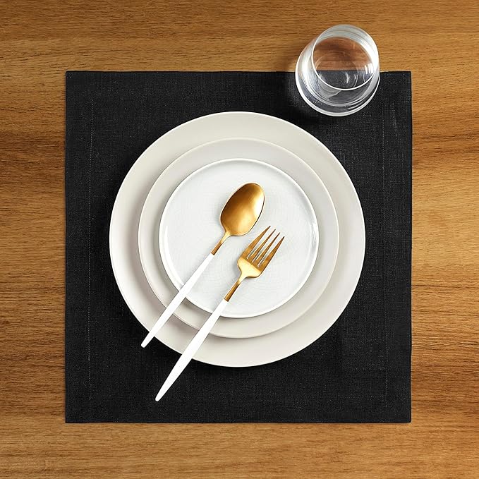 Solino Home Black Placemats Set of 4-100% Pure Linen Placemats 14 x 14 Inch for Winter, Christmas, Holiday, New Year - Fete, Handcrafted and Machine Washable