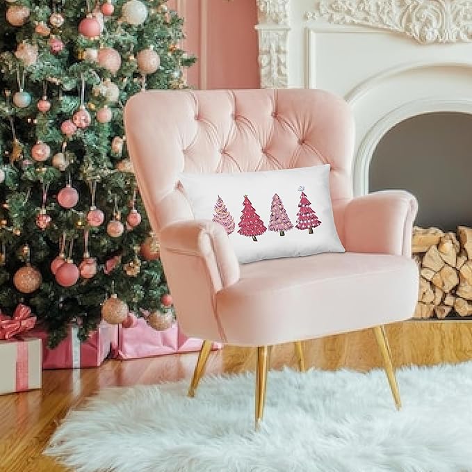 KEUSPI Pink Christmas Decor Pink Christmas Pillows Covers 12x20, Pink Christmas Decorations Christmas Pink Decor,Christmas Tree Pillow Covers,Pink Christmas Tree Decor for Christmas Bedroom Decor