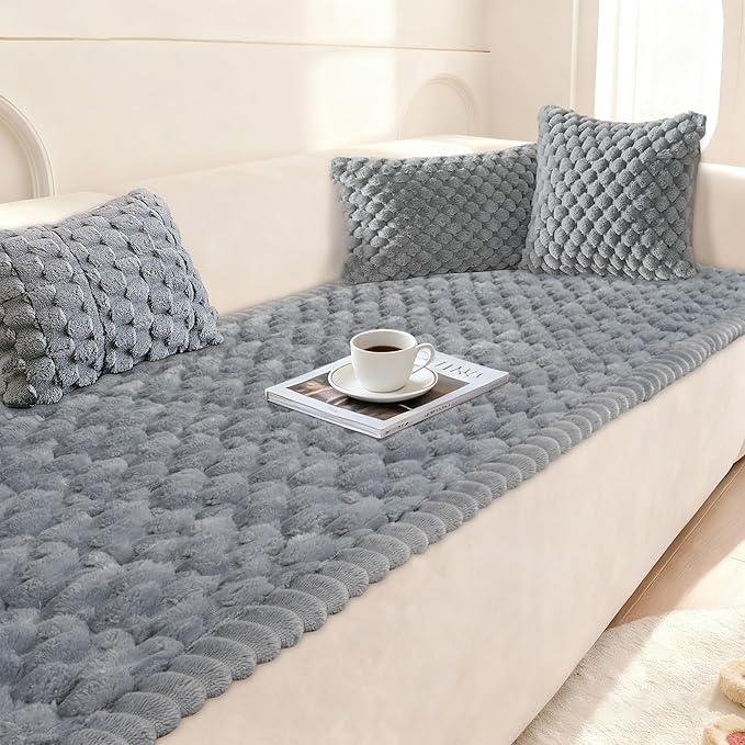 Cekene Turtle Velvet Couch Covers Washable Non-Slip Couch Cushion Covers Fuzzy Sofa Cover for Dogs (Grey,27.6" x 70.9")
