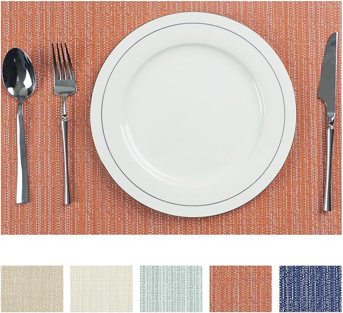 AHHFSMEI Placemats for Dining Table Set of 6 Woven Vinyl Plastic Place Mats Non-Slip Heat Insulation Stain Resistant Table Mats Washable Easy Clean Placemats (Orange,6)
