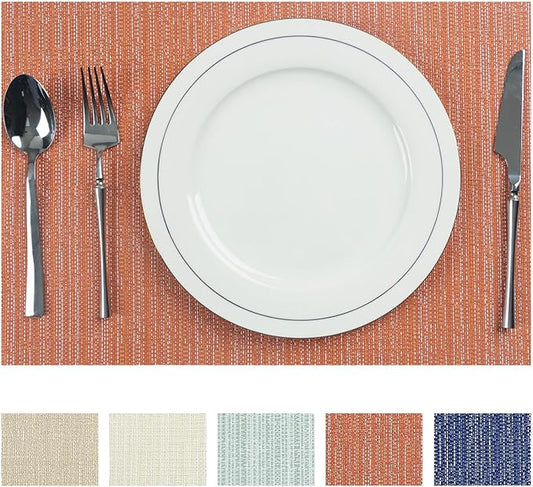 AHHFSMEI Placemats for Dining Table Set of 6 Woven Vinyl Plastic Place Mats Non-Slip Heat Insulation Stain Resistant Table Mats Washable Easy Clean Placemats (Orange,6)