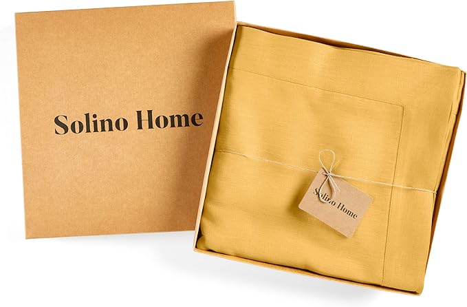 Solino Home Linen Tablecloth 60 x 90 Inch - 100% Pure Linen Mustard Yellow Table Cloth for Rectangle Tables - Fete, Machine Washable Tablecloth for Thanksgiving