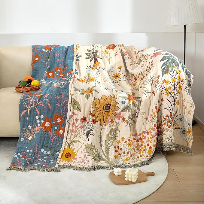 Boho Throw Blanket for Couch Sofa Chair Cotton Blankets for Bedroom Living Room All Season Soft Lightweight Reversible Floral Embroidery Throws 50"x60"