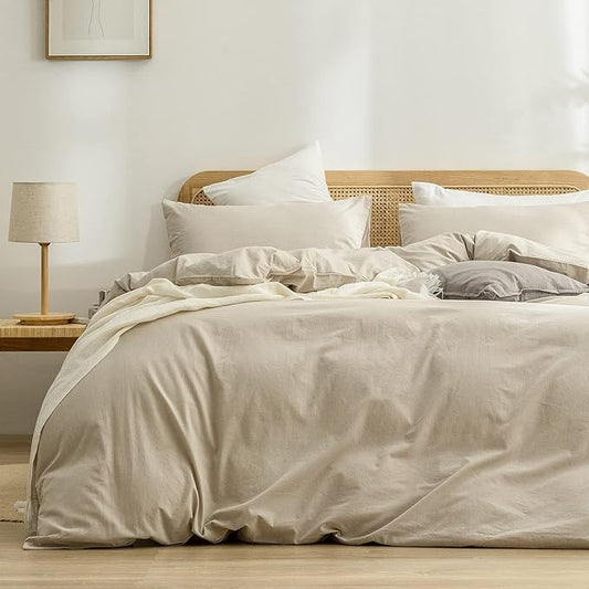 BESTOUCH Duvet Cover Set 100% Washed Cotton Linen Feel Super Soft Comfortable Chic Lightweight 2 PCs Home Bedding Set Solid Almond Milk Grey Twin/Twin XL