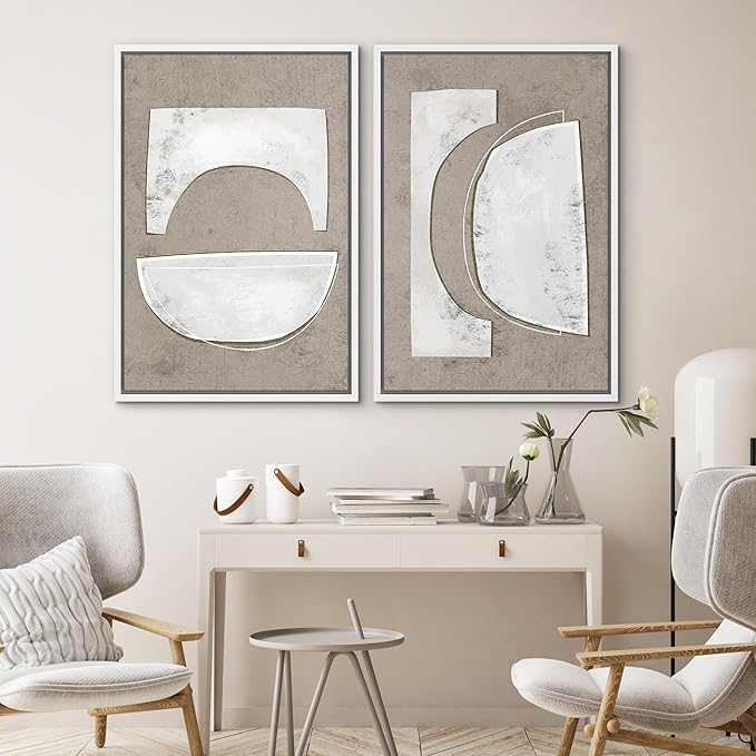 SIGNWIN Framed Canvas Print Wall Art Set Art Deco Grunge White Polygons Abstract Shapes Cozy Neutral Minimal Decorative Nordic Zen Bohemian for Living Room, Bedroom, Office - 16"x24"x2 White