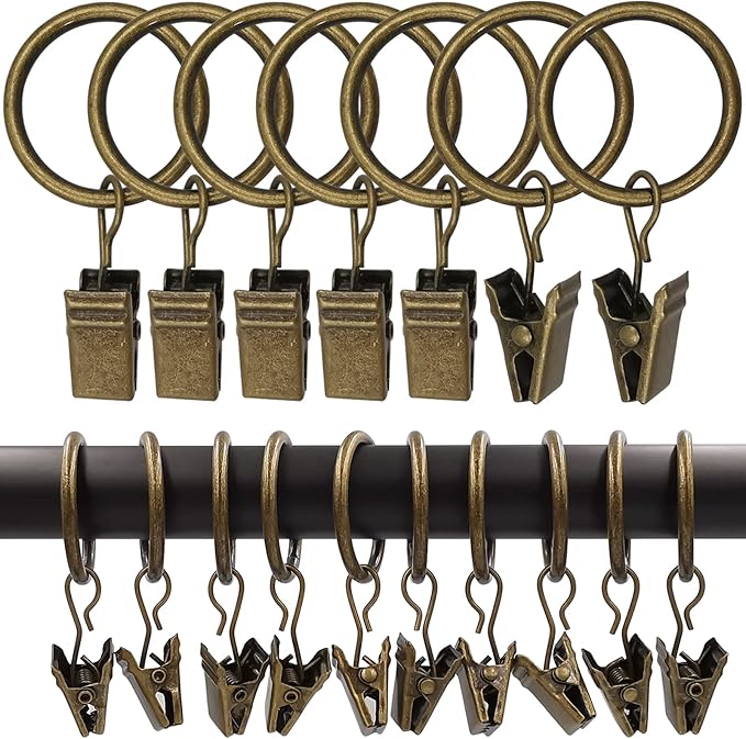 100 Pack Curtain Rings with Clips, Curtain Clip Rings Hooks, Bow Hanger Clips for Hanging Drapery Drapes Bows, Ring 1 inch Interior Diameter, Fits up to 5/8" Rod, Bronze