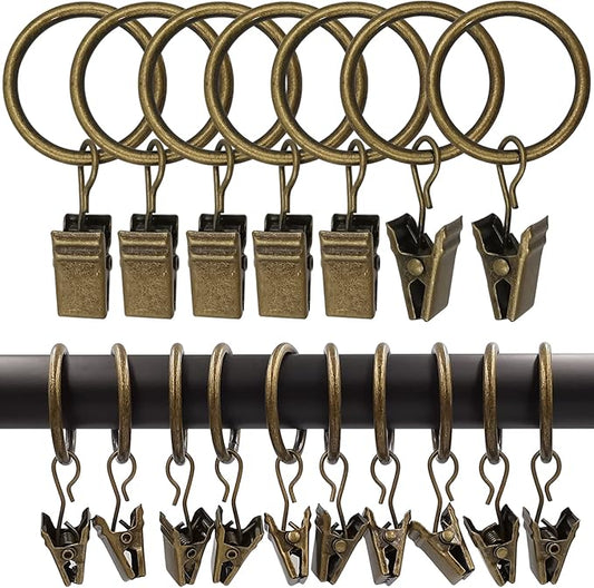 100 Pack Curtain Rings with Clips, Curtain Clip Rings Hooks, Bow Hanger Clips for Hanging Drapery Drapes Bows, Ring 1 inch Interior Diameter, Fits up to 5/8" Rod, Bronze