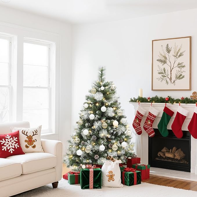 YITAHOME 4.5ft Prelit Scotch Pine Christmas Tree with Remote Control, Pre-Decorated Frosted Christmas Tree with Pine-Cones & Needles, Warm White/Multicolor Changing Lights for Home/Office