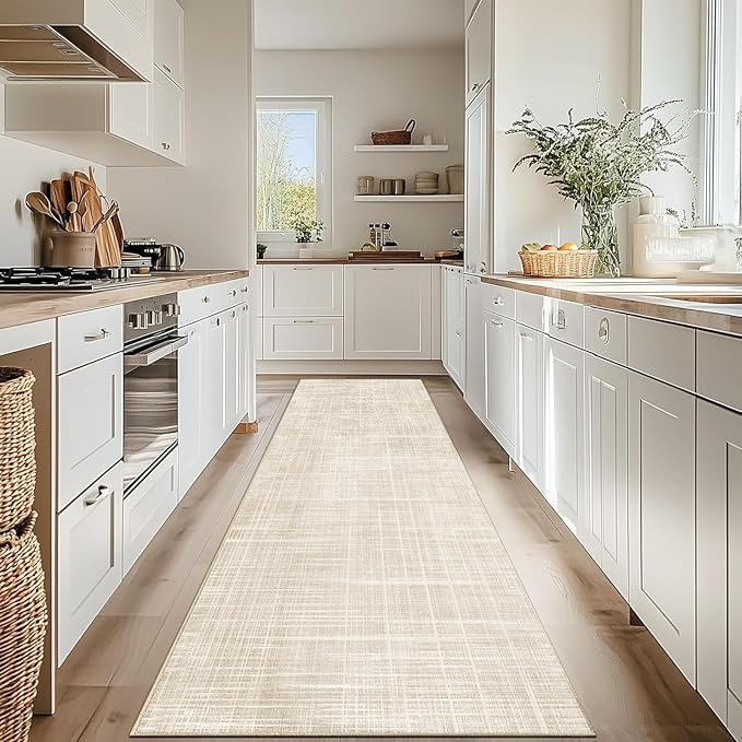 Enkor Runner Rugs for Hallway, 2'7"x10'6" Washable Soft Non Slip Abstract Rugs for Kitchen, Modern Mat for Entryway Living Room Bedroom Beige Grid