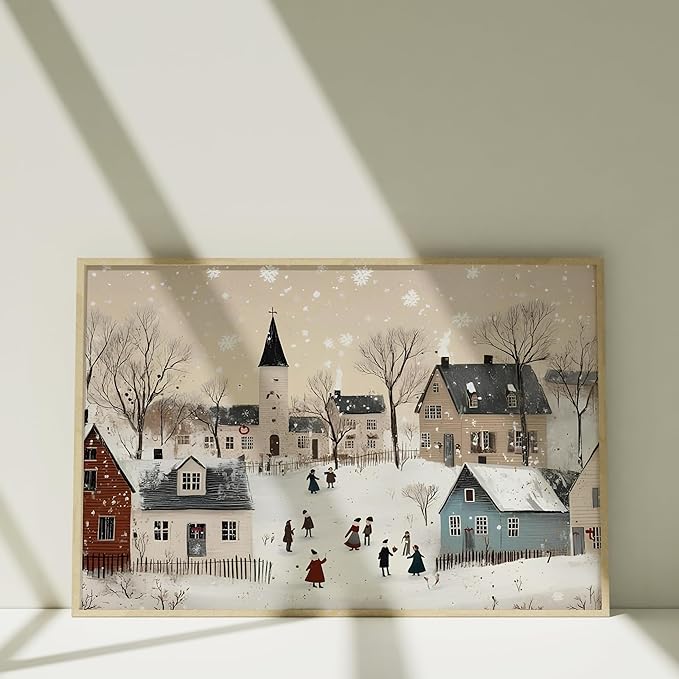 OZCONO Neutral Winter Holiday Wall Art for Cozy Home Decor, Retro Christmas Town Scene Artwork, Beige Seasonal Village Print for Farmhouse Style, Snowy December Illustration (Unframed) (27x40)