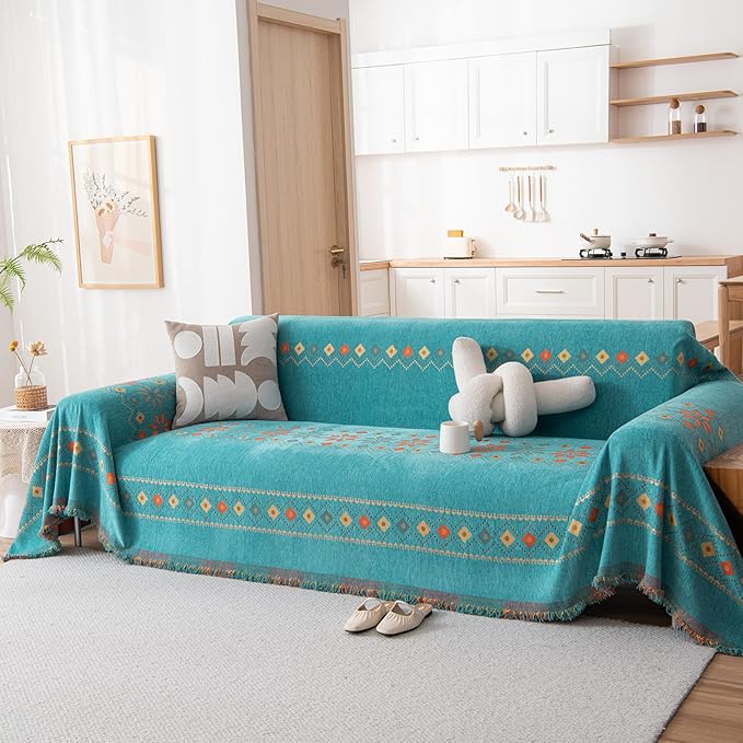 DREAMINGO Teal Boho Couch Cover Jacquard Chenille Sofa Covers Washable 3 Seater Sofa Protector for Pets Kids Modern Bohemain Sectional Couch Slipcovers for Living Room, 71"x150"
