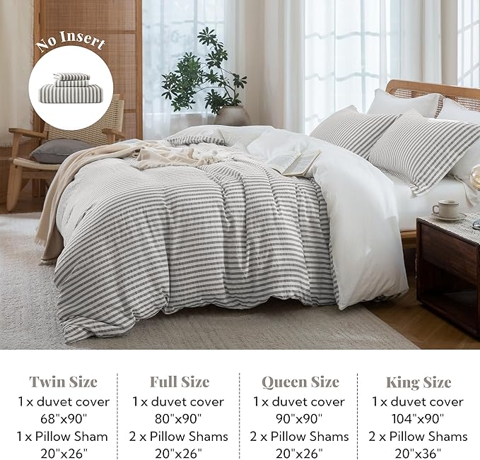 MILDLY Jacquard Stripe Duvet Cover - 100% Washed Cotton Boho Textured Comforter Cover 3pcs with Zipper Closure 90"x90"