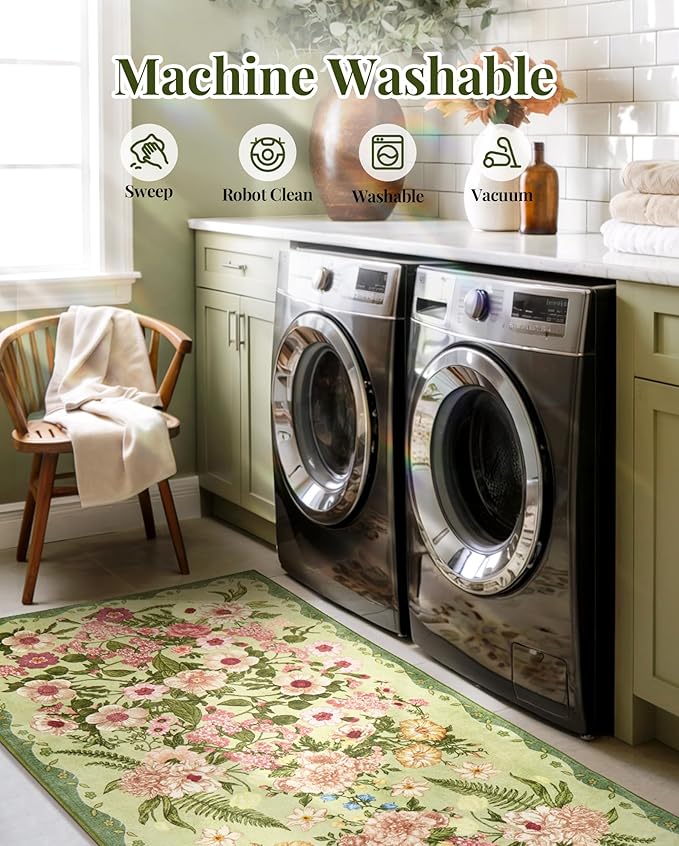 Floral Rugs for Living Room - 9x12 Soft Washable Area Rug Stain Resistant Ultra-Thin Non-Slip Low Pile Farmhouse Vintage Large Carpet for Bedroom Dining Room Nursery Home Office Decor, Green