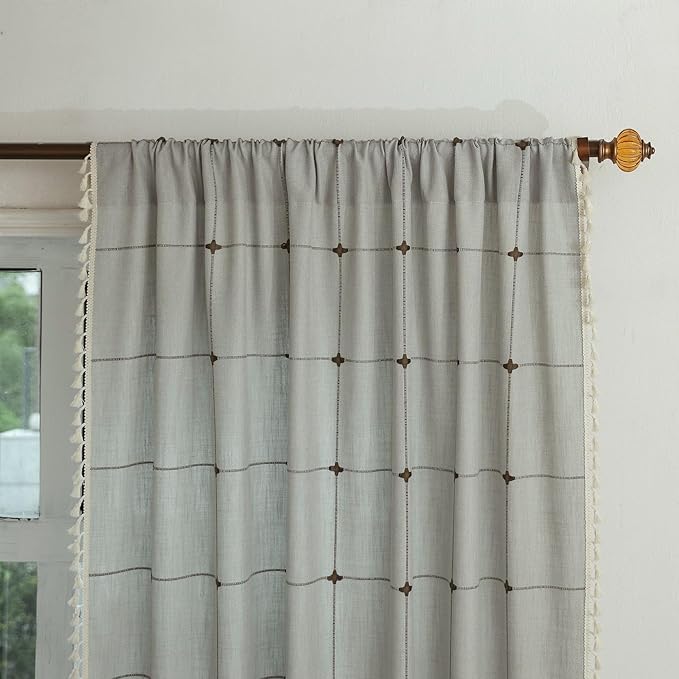 Sutuo Home Boho Curtains for Living Room Bedroom Office,Bohemian Drape Light Filtering Country Linen Vintage Chic Tassels Checkered Window Treatment for Decor 1 Panel 52" W x 96" L, Cream Grey Plaids