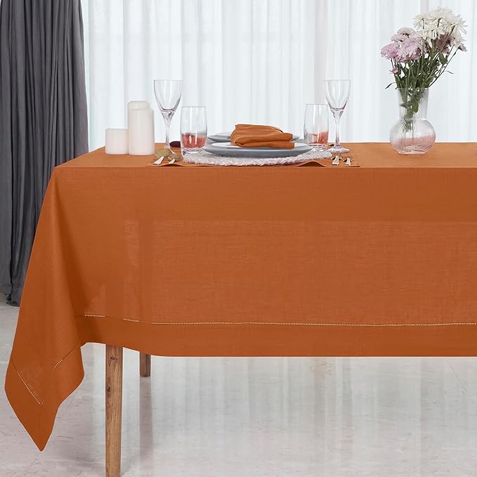D'Moksha Homes Rust Linen Tablecloth 60 x 156 Inch - 100% Pure Linen Rust Tablecloth for Rectangle Tables - Classic Hemstitch, Machine Washable Table Cloth for Fall, Thanksgiving, Holiday