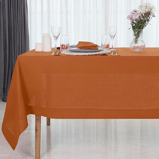D'Moksha Homes Rust Linen Tablecloth for Rectangle Tables 60 x 144 Inch - 100% Pure Linen Rust Table Cloth - Classic Hemstitch, Machine Washable Dining Tablecloth for Thanksgiving, Holiday