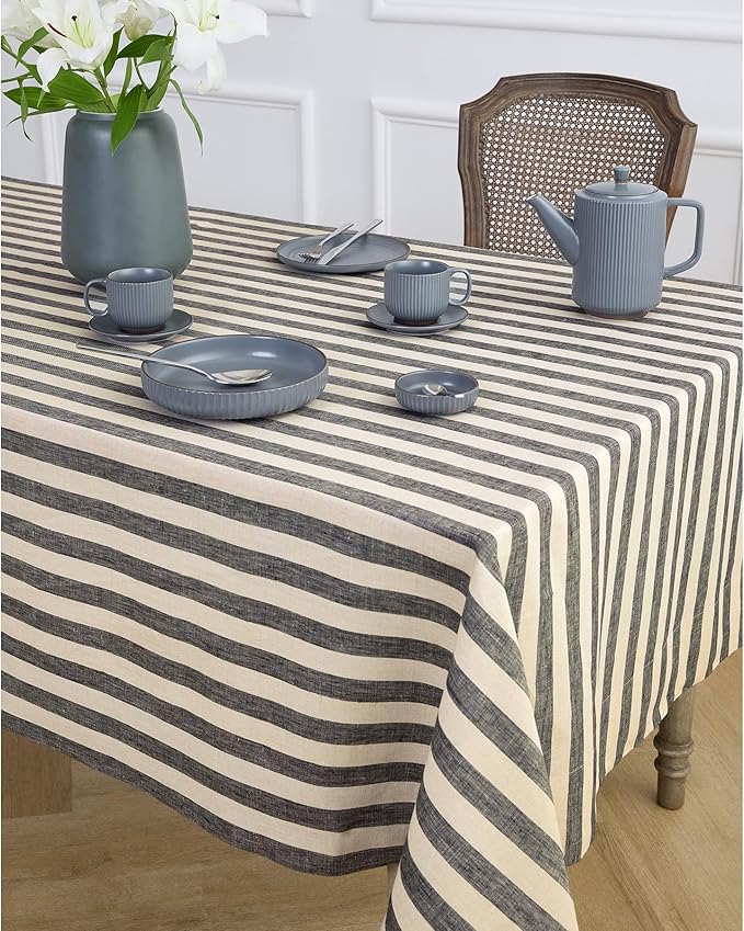 Solino Home Linen Striped Tablecloth 60 x 108 Inch - 100% Pure Linen Black and Natural Table Cloth for Rectangle Tables - Sorrento Stripe, Machine Washable Tablecloth for Fall, Autumn, Thanksgiving