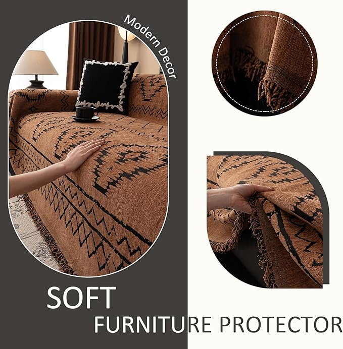VClife Bohemian Sofa Covers Chenille Couch Cover for Sectional Couch, Soft Non Slip Couch Covers for 3 Cushion Sofa Breathable Sofa Furniture Protector Slip Cover for Couch, Pumpkin, 71"X134"