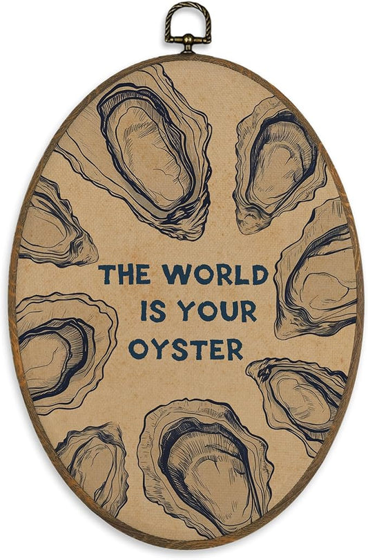XBBMGG Vintage Oyster Wall Art Decor, Retro Beach Oval Wall Hanging Decor, Nautical Ocean The World Is Your Oyster Framed Canvas Prints for Living Room Bathroom Decorations, 8.6 x 11.4 inch