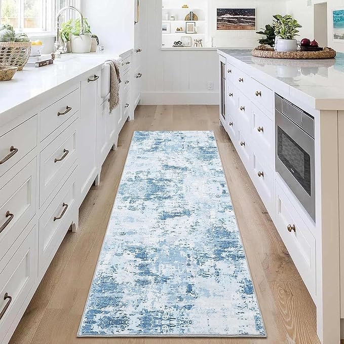 Modern Abstract 2x8 Area Rug Non Slip Non Shedding Low Pile Stain Resistant Rug for Hallway Kitchen Bedroom Non Shedding,Light Blue