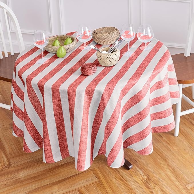 Solino Home Linen 60 Inch Round Tablecloth - Cabana Stripe, 100% Pure Linen Red and White Round Tablecloth - Machine Washable Table Cloth for Christmas
