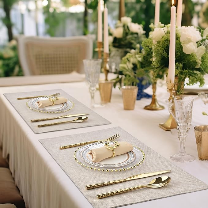 SLKQG Linen-Look Placemats Set of 6, Heat Resistant & Machine Washable Double-Layered Cloth Placemats for Dining Table, Indoor/Outdoor Use, Non-Slip Kitchen Table Mats (6, Light Linen)