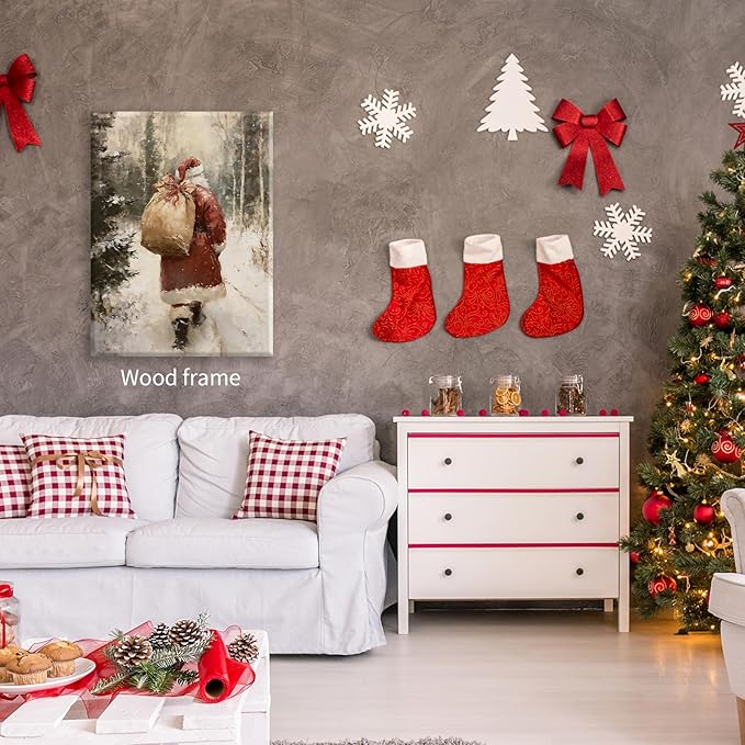 Santa Claus in Winter Forest Poster Vintage Christmas Holiday Canvas Wall Art 16x24 inch Framed Cozy Nature Christmas Tree Oil Painting Prints for Cottagecore Bedroom Wall Decor