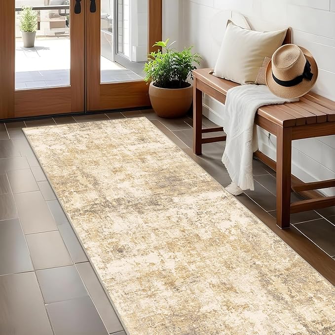 2x6 Modern Abstract Rug Washable Area Rugs for Living Room Bedroom Dining Room Non-Slip Low Pile Neutral Large Rug Soft Indoor Floor Carpet, Gold