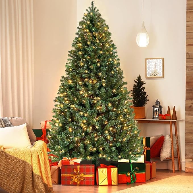 Yaheetech 7.5ft Pre-lit Spruce Artificial Hinged Christmas Pine Tree Prelighted Holiday Xmas Tree for Home Party Decoration with 550 Warm White Lights and 1354 Branch Tips, Green