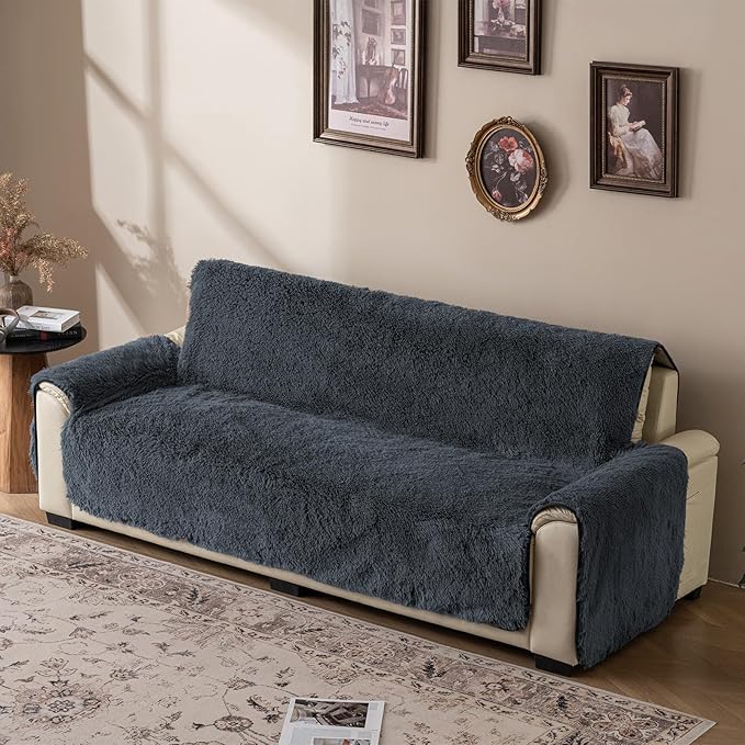 Plush and Fuzzy Shaggy Couch Cover, Dog Pad Faux Fur Sofa Cover, Water Resistant Slipcover, Non-Slip Furniture Protector for Kids,Dogs,Cats.(Noble Gray, X-Large Sofa)
