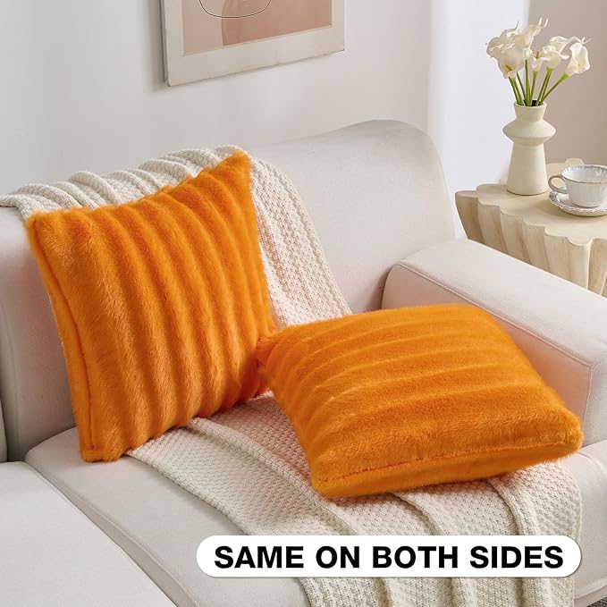 FUTEI Orange Decorative Throw Pillow Covers 16x16 Inch Set of 2,Soft Fluffy Faux Rabbit Fur Dyeing Striped Textured Cushion Case,Modern Home Decor for Couch Bed Living Room