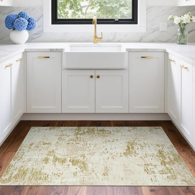Modern Abstract 2x3 Area Rug Non Slip Non Shedding Low Pile Stain Resistant Rug for Entryway Kitchen Bedroom,Golden Grey