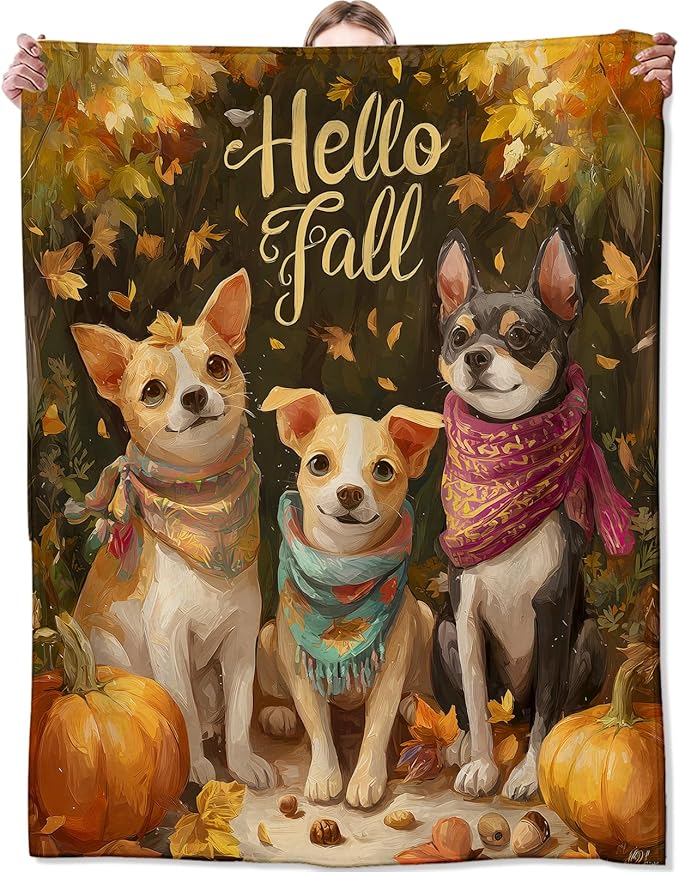 Adorable Dog Blanket,Fall Gifts for Pet Lovers,Lightweight Flannel Throw Blankets,Cute Puppy Pumpkin and Autumn Leaf Throws Home Decor,for Camping Living Room Office,60x50inch