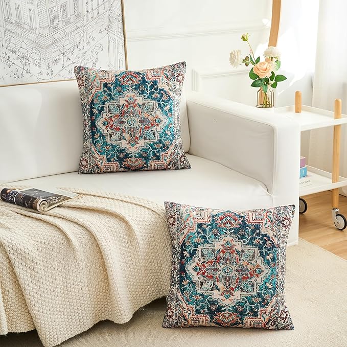 Boho Throw Pillow Covers 18x18 inch Set of 2,Boho Vintage Carpet Pattern Antique Ethnic Decor Double Sided Pattern Cushion Cover Soft Pillow Case Living Sofa Room Bed Square Pillow Cover