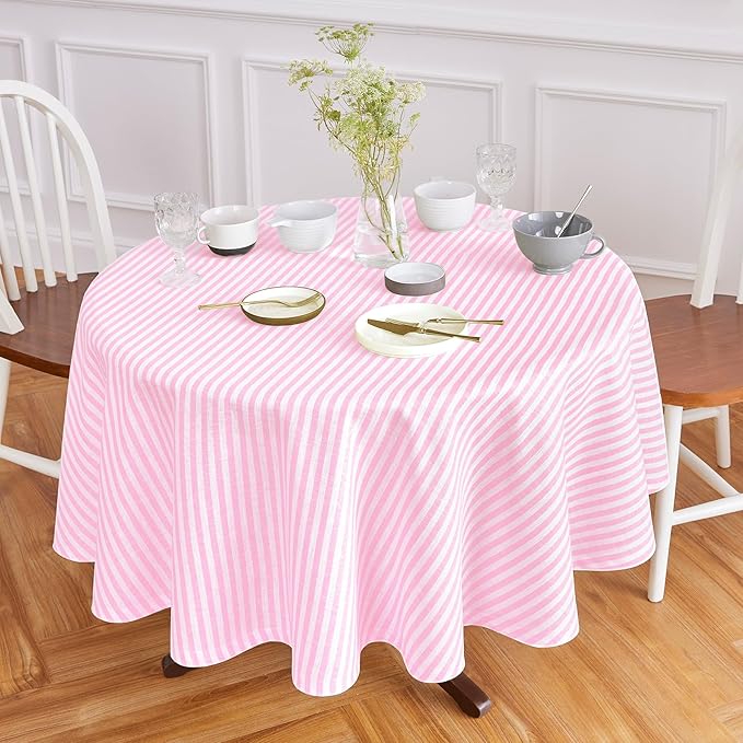 Solino Home Linen 60 Inch Round Tablecloth - Amalfi Stripe, 100% Pure Linen Cherry Blossom and White Round Tablecloth - Machine Washable Table Cloth