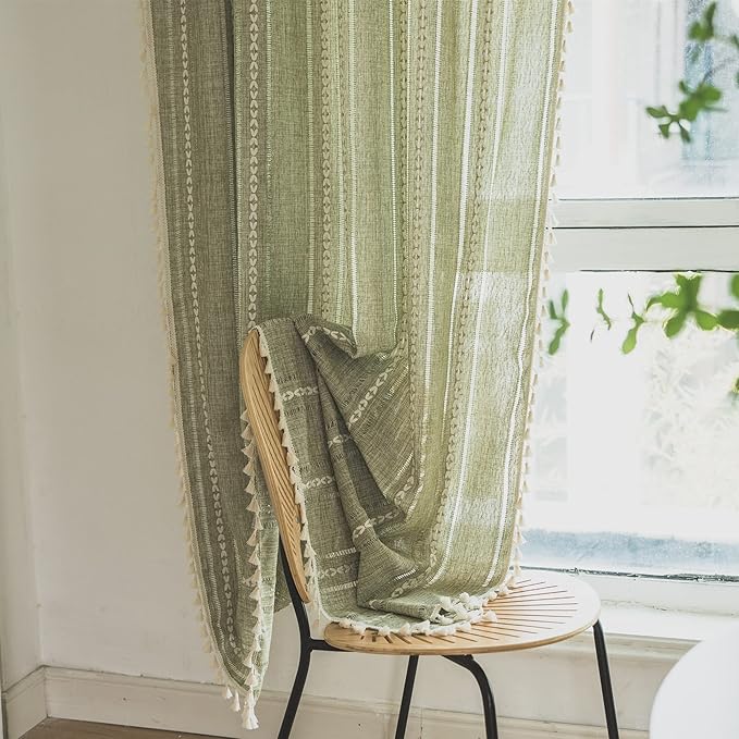 Sutuo Home Green Boho Curtains 120 inch Extra Long for Bohemian Farmhouse House Decoration, 52" Wide 1 Panel Semi Blackout Window Treatment, Privacy Embroidery Drape for Bedroom Living Room Guest Room