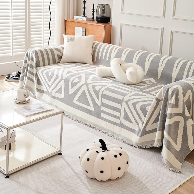 VClife Boho Couch Cover Soft Thick Chenille Couch Covers for Sectional Sofa, Bohemian Jacquard Couch Cover for 2 Cushion Couch Sofa Washable Breathable Furniture Protector, White and Gray, 71"x118"