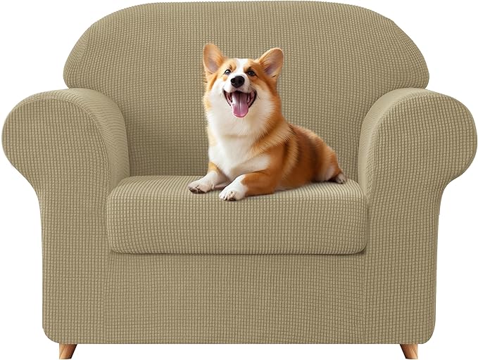 SUBRTEX Sofa Slipcover Stretch Chair Covers 2 Piece 1 Seater Armchair Couch Sofa Cover Washable Furniture Protector with Elastic Bottom for Kids, Pets(New Kahki, Armchair)