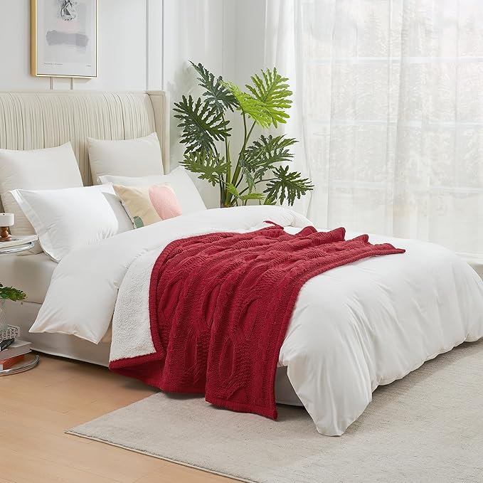 Amélie Home Cable Knit Throw Blanket for Couch, Chenille Sherpa Soft Cozy Throw Blankets for Sofa Chair Comfortable Home, 50"x60", Red