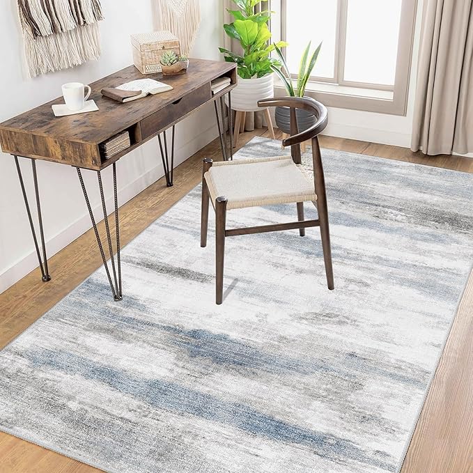 Enkor Area Rug 4x6 Washable Non Slip Abstract Soft Rug for Living Room Bedroom, Modern Mat for Kitchen Entryway Blue & Grey