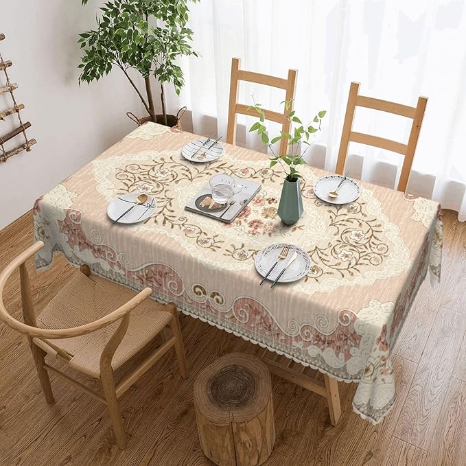 Boho Floral Pink Tablecloth for Dining Tables, Reusable Vintage Country Flowers Leaves Table Cloth Decor Retro Floral Rectangle Table Cover for Home,Kitchen,Holiday,Party, 54x72 Inch