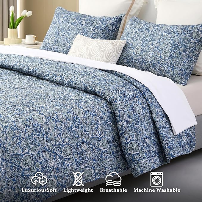DURLENGEN Floral Quilt Set Twin Size 2Pcs, Blue & Green Paisley Floral Pattern All Season Lightweight Bedspread Coverlet Sets(Twin 68x86, Paisley Blue)