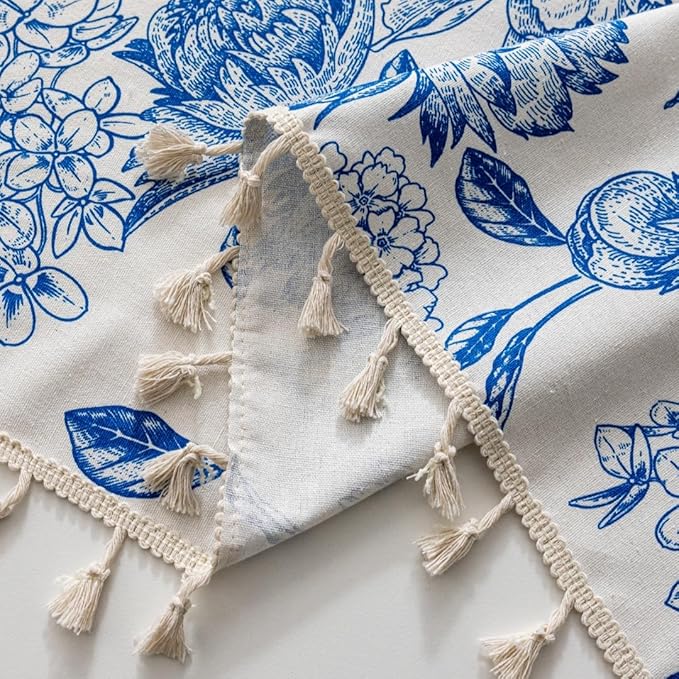F-CHU Boho Curtains for Living Room 96 Inch Length French Country Floral Drapes Farmhouse Rustic Vintage Window Curtain Panels for Bedroom Chic Cotton Linen Closet Curtains，2 Panel Blue Curtain