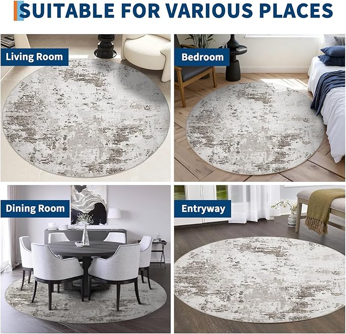 Modern Abstract 8x8 Round Area Rug Non Slip Non Shedding Rug Low Pile Stain Resistant for Bedroom Living Room Office Dining Room,Taupe/Beige