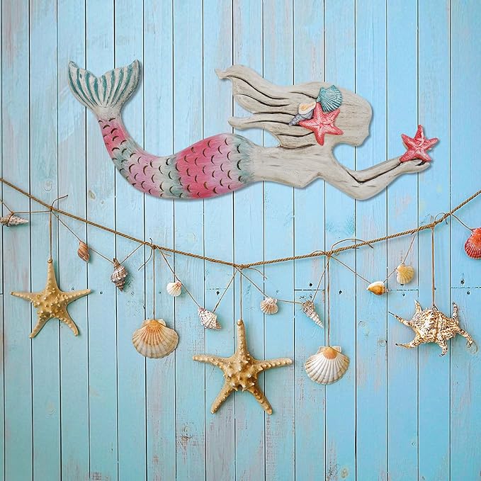 Veclotch Wood Mermaid Nautical Beach Wall Decor, Rustic Mermaid Wooden Hanging Coastal Wall Art Sculpture for Home, Lake House, Ocean Bathroom Decor, White,pink,aqua