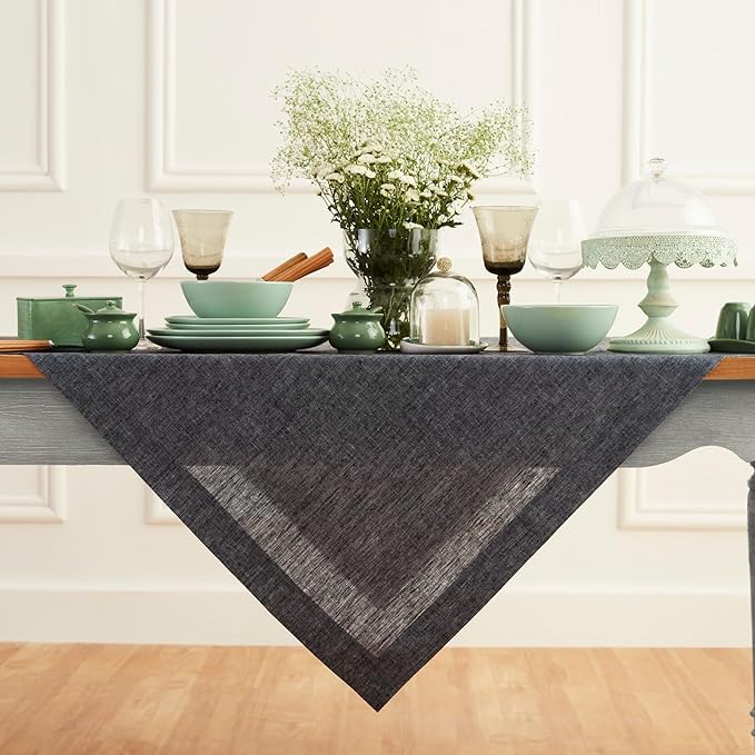 Solino Home Linen Square Tablecloth 52 x 52 Inch - 100% Pure Linen Charcoal Grey Table Throw - Athena, Machine Washable Tablecloth for Fall, Autumn, Winter, Thanksgiving