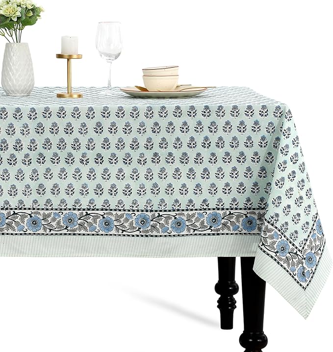 CPC Tablecloth 100% Cotton 72x140 Inch Indian Block Print Rectangle Table Cover, Washable Table Cloth for Weddings, Spring/Summer, Barbeque - Poppy Blue