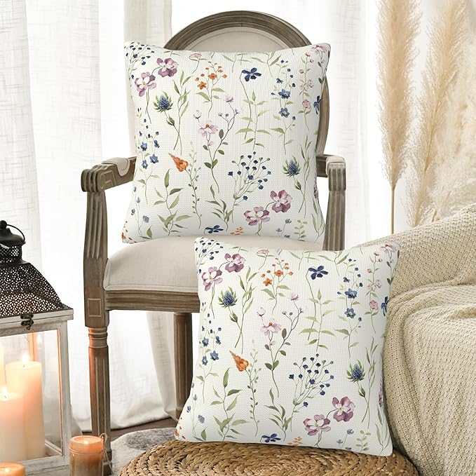 Colored Flowers and Leaves Pillow Covers 18X18 Set of 2, Watercolor Wildflowers Decorative Throw Pillow Covers, Pillowcase Cushion Case for Home Sofa Couch Indoor Outdoor Decorations