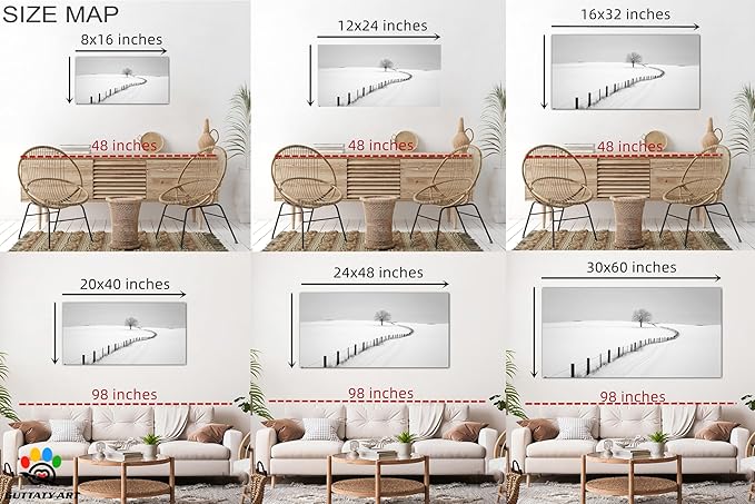 GUTTATY Christmas Winter Scene Canvas Wall Art, Snowy Farm Fence and Tree Pictures, Monochrome Print with Minimalist Artwork Style, Peaceful Posters for Living Room Bedroom Decor, 48x24 Inch